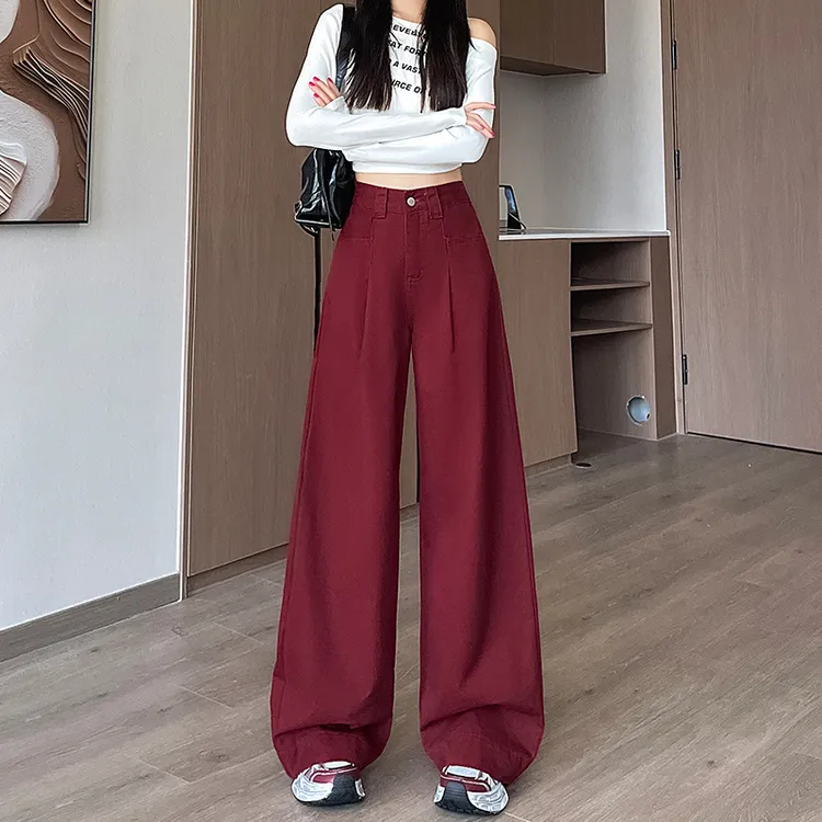 1282#安可拉红高腰阔腿牛仔裤女春秋加绒加厚直筒显瘦宽松拖地裤