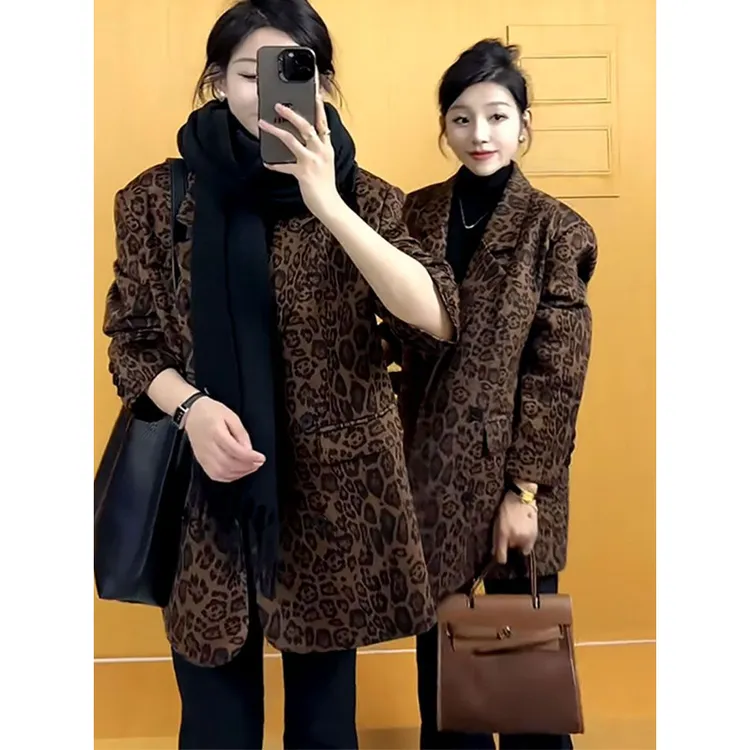 复古豹纹西装外套女春秋款2024时尚洋气高级感宽松西服小个子上衣