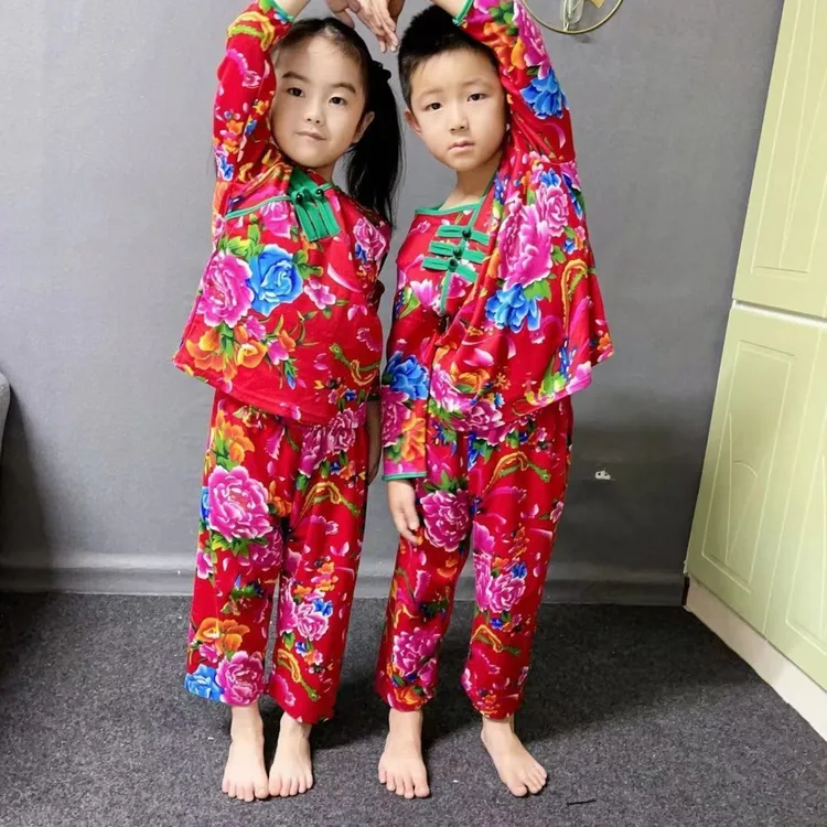 网红东北大花儿童睡衣套装复古盘扣弹力亲肤棉秋冬保暖时尚可外穿