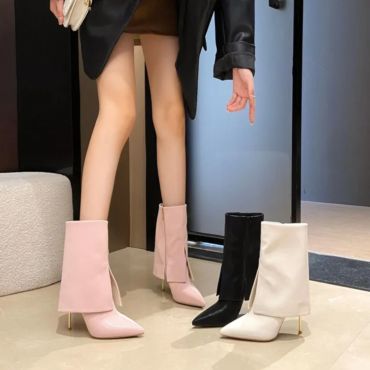 【8公分】2024秋冬新款气质网红粉色仙女风尖头细跟裤管靴时装靴