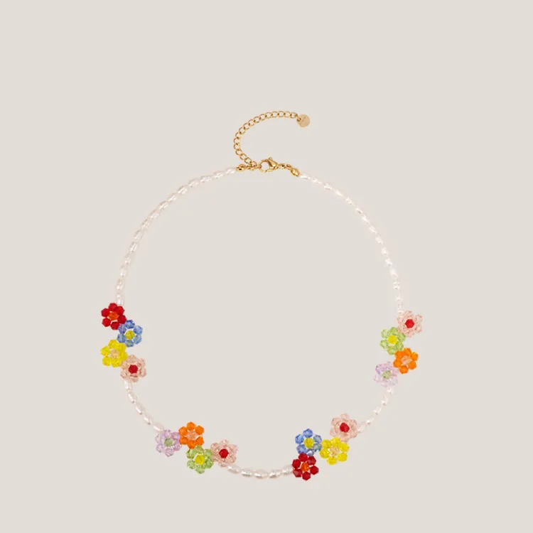 合金项链 【西北专属】彩色花朵手工制作森系甜美珠珠项链