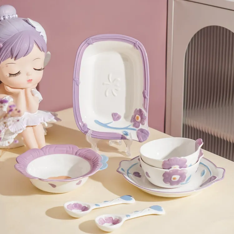 【紫薇花开】7件套家用陶瓷高颜值米饭碗餐盘沙拉碗纯手绘餐具套组