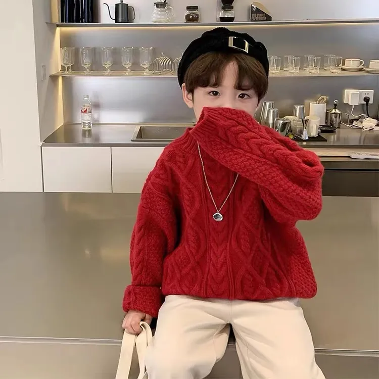 男童红色毛衣儿童新年过年服加厚冬季保暖线衣男孩纯色麻花针织衫