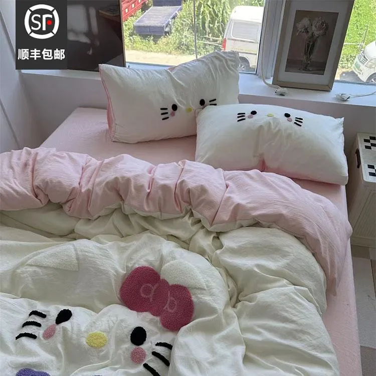 猫咪日记ins少女小猫毛巾绣水洗棉四件套床单被套宿舍三件套床品