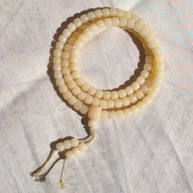 原生态菩提根精工小直切108风化阴皮绿渐变色6*7mm设计款念珠文玩