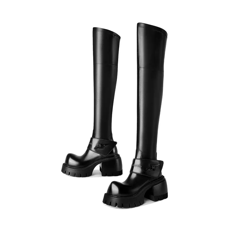 A/W小众原创厚底过膝长筒靴女秋冬长靴粗跟真皮弹力靴