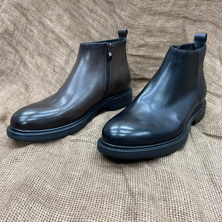 软面软底秋冬男士切尔西靴舒适百搭拉链厚底高帮皮鞋男圆头马丁靴