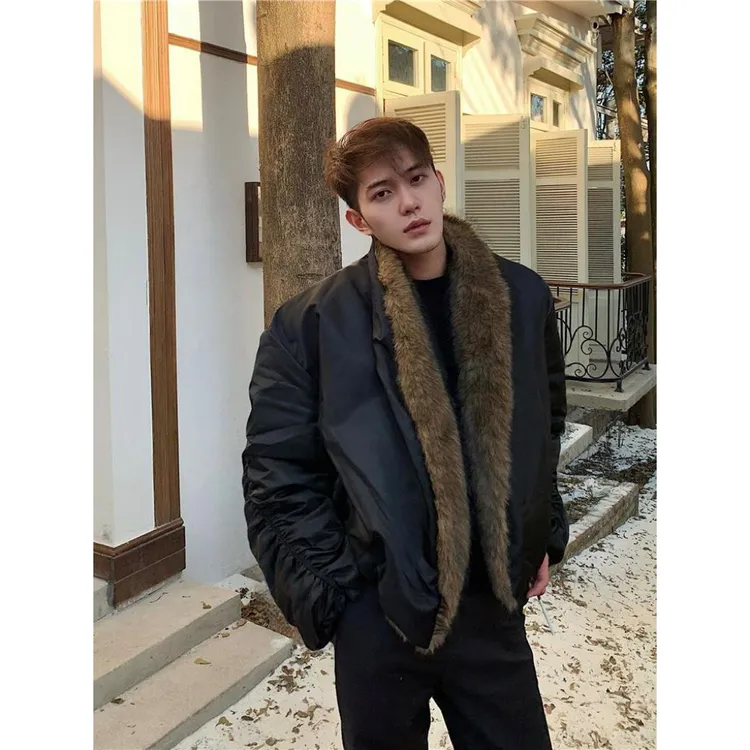 LINQCSEVEN/冬季貂毛拼接环保皮草男加厚棉服廓形夹克毛毛外套潮