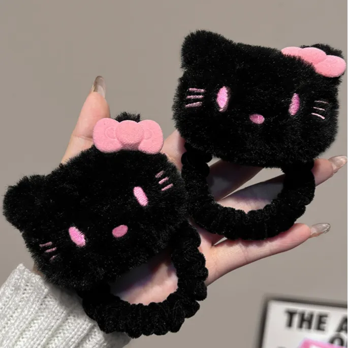 可爱毛绒小猫咪蝴蝶结黑色发圈女丸子头马尾头绳卡通橡皮筋皮套冬