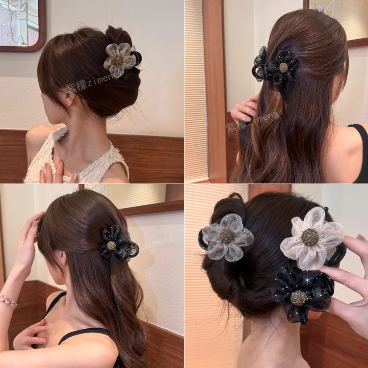 高端网纱水钻花朵抓夹女2025新款马尾夹后脑勺鲨鱼夹半扎发夹头饰
