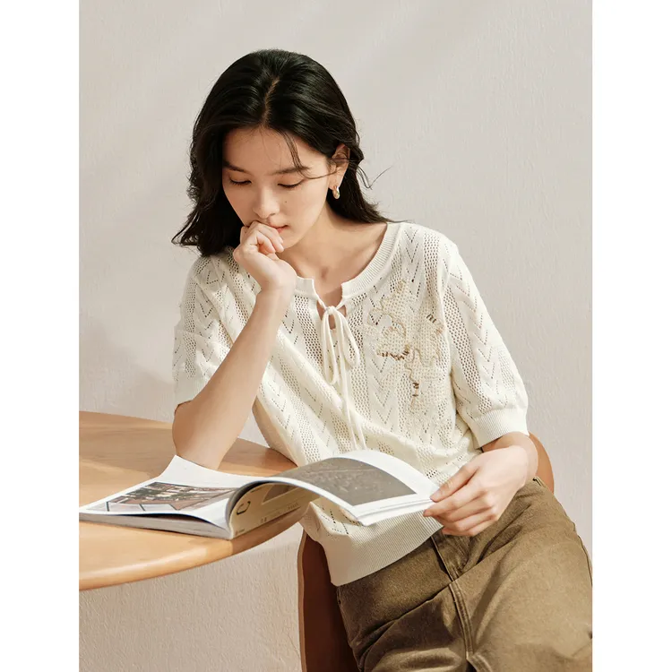 【商场同款】茵曼春秋女毛针织衫上衣毛衣长袖新款短袖气质圆领套头