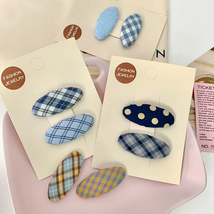 韩版儿童蓝色简约布艺发夹格纹头饰不伤发百搭发夹女童刘海夹边夹