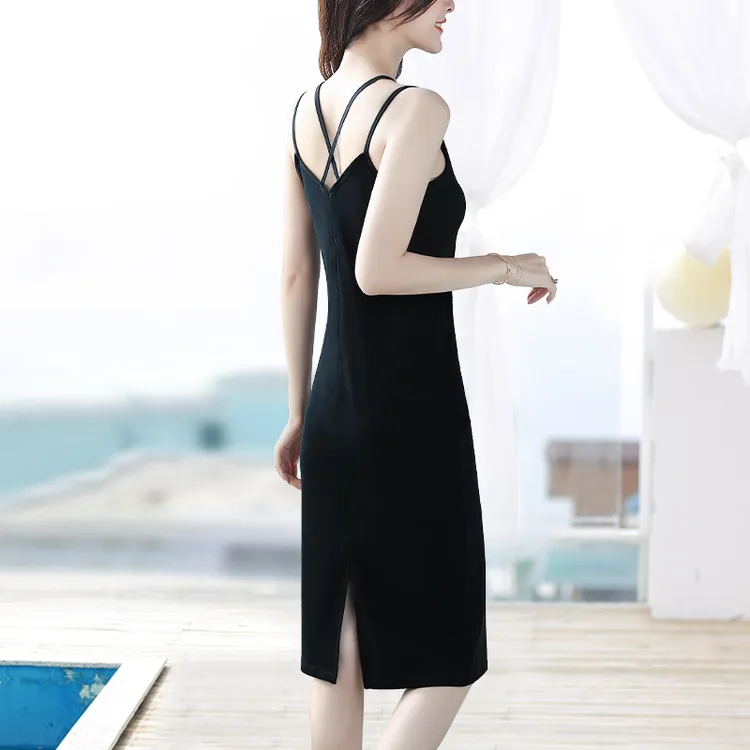 前后v领黑色修身连衣裙夏后开叉新款交叉带美背吊带背心裙长#090