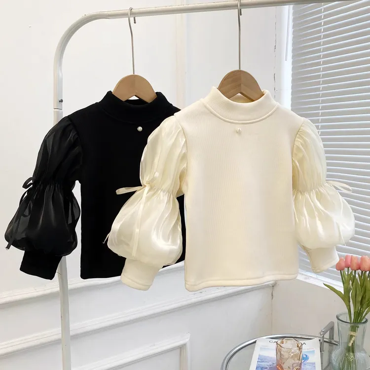 女童泡泡袖打底衫秋冬2024冬季加绒加厚半高领打底衣保暖套头上衣