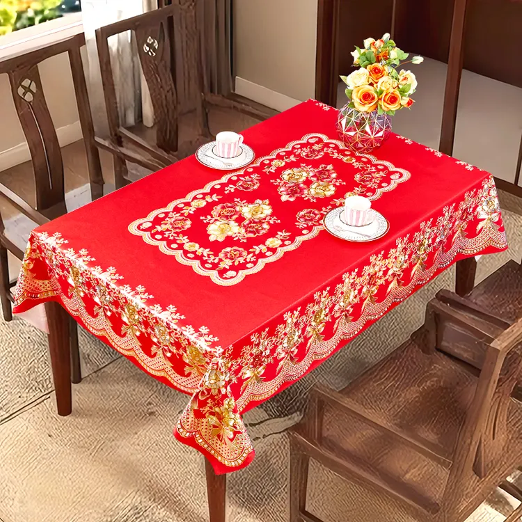 【中国红】90*150烫金PVC红桌布防油防烫防水材料免洗方形茶几布