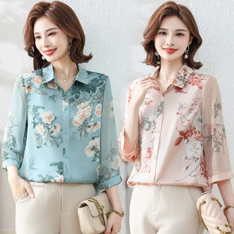 中年妈妈夏装洋气衬衫2024新款中老年女装夏季小衫七分袖上衣女装