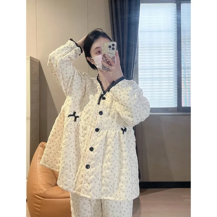 秋冬月子服空气棉小碎花11月份孕妇产后哺乳睡衣纯棉加厚喂奶套装