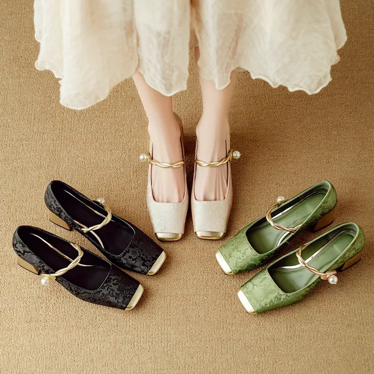 新中式国风粗跟一字带方头浅口玛丽珍鞋女春拼色中高跟配温柔单鞋