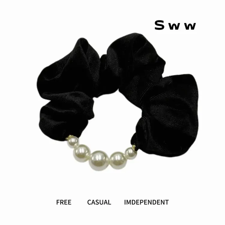 SWW珠珠丝绒拼接发圈褶皱大肠发圈高弹力耐用发圈时尚马尾复古