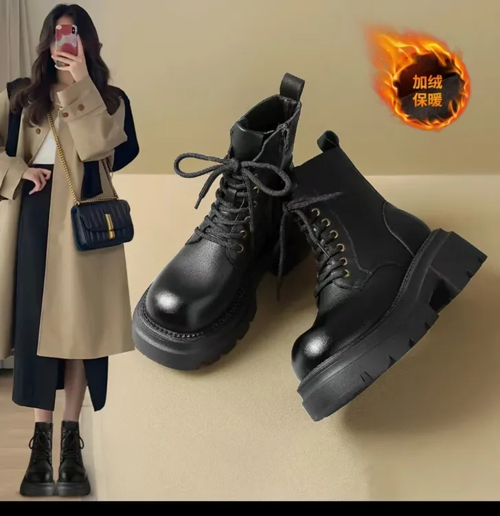 ［露娜琪］厚底马丁靴女2024秋冬季英伦风洋气小短靴加绒保暖靴子女