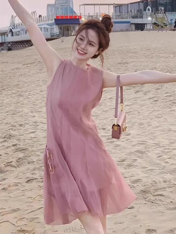 夏日多巴胺粉色雪纺连衣裙女装夏季高级感小香风甜美无袖背心裙子