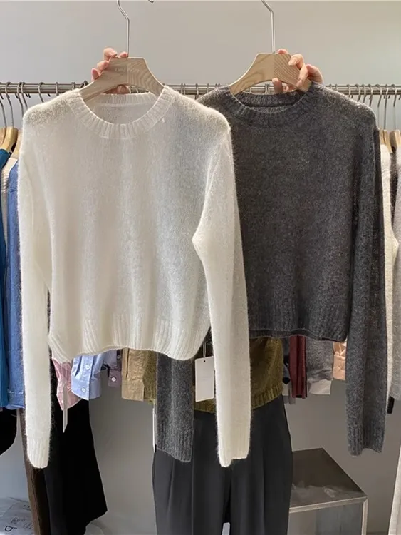 韩系圆领软糯马海毛针织衫女2025春秋薄款长袖内搭毛衣打底衫上衣