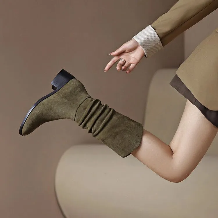 5CM牛皮秋冬新款复古堆堆靴百搭时尚方跟西部靴中筒靴高筒显瘦潮