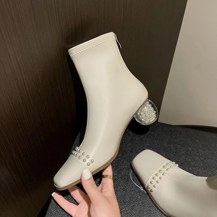 里外纯皮～牛皮5cm方头时尚中跟短靴显瘦珍珠瘦瘦靴短筒弹力靴法式