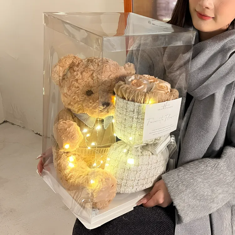 小熊玩偶卡布奇诺永生花玫瑰花束送女朋友闺蜜生日六一儿童节礼物