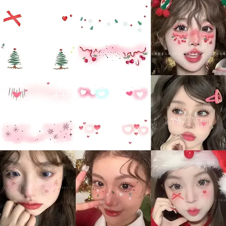 圣诞节妆容脸贴纹身贴 甜心少女氛围感蝴蝶结卡通腮红妆COS派对