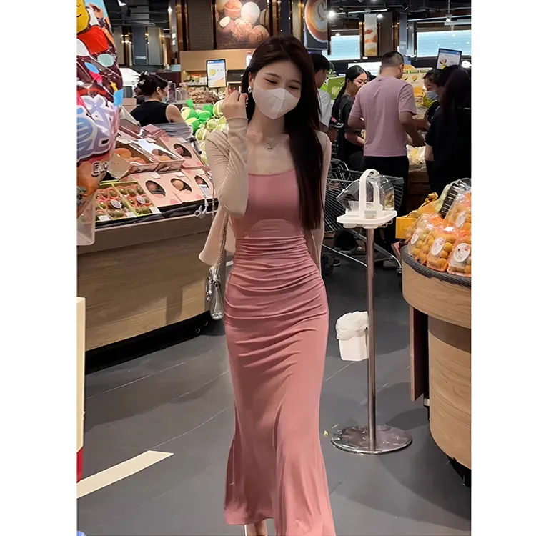 夏季纯色长袖开衫气质高腰鱼尾吊带裙无袖连衣裙时尚套装女两件套