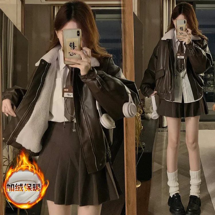 小个子美拉德棕色机车PU皮衣加绒加厚外套女冬美式复古宽松棉衣潮