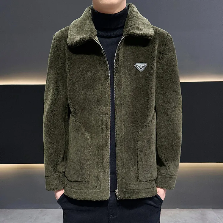 秋冬季加绒加厚皮毛一体男士保暖休闲毛呢翻领时尚麂皮绒羊剪绒男