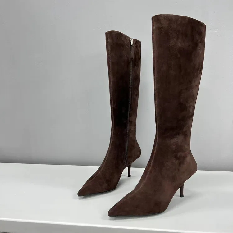 时装靴羊猄皮长筒靴极简主义风格不累脚尖头时尚细跟百搭女鞋