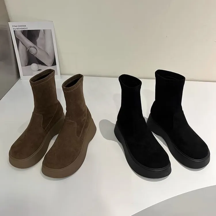 {今玺}1秋冬款百搭时尚洋气网红瘦瘦靴厚底马丁弹力靴女加绒绒面