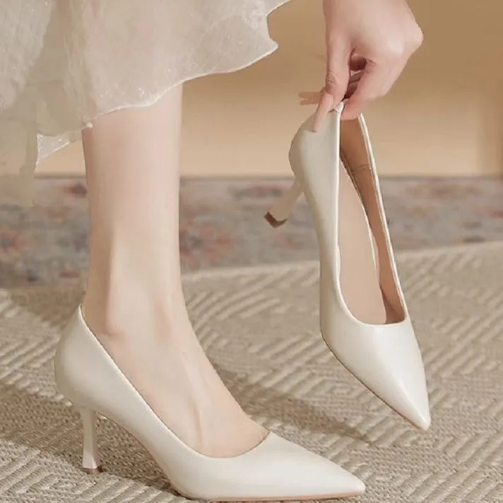 米白色细跟不累脚主持礼仪高跟鞋2024法式气质百搭单鞋简约上班鞋