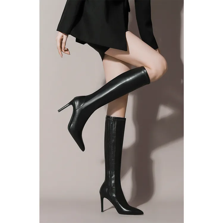 尖头高跟长靴女细跟高筒靴子长筒靴女骑士靴黑色高跟鞋女2024新款