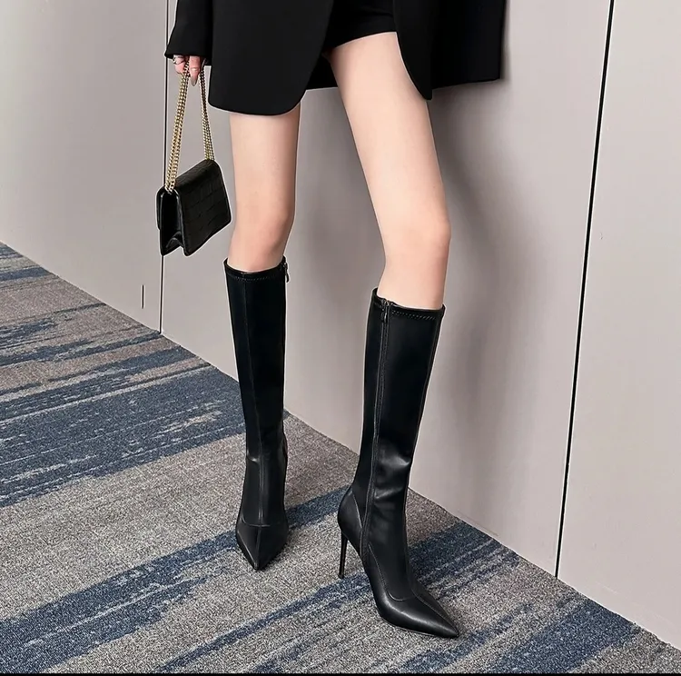 尖头高跟长靴女细跟2024秋冬新款百搭弹力靴不过膝长筒骑士靴