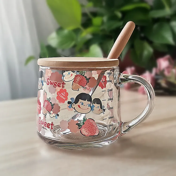 ins玻璃杯吸管牛奶早餐杯大容量卡通刻度杯子加盖勺礼品印字logo