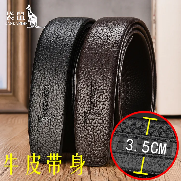 袋鼠3.5cm皮带男自动扣牛皮商务百搭无扣男士男款牛仔裤腰带条