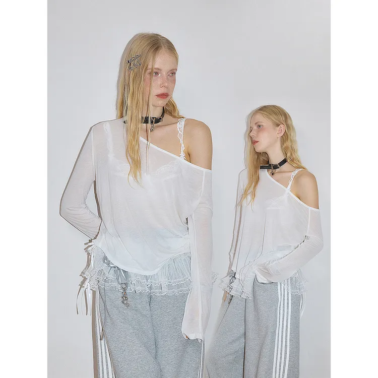 NGOO 性感辣妹爵士舞露肩白色上衣百搭休闲长袖t恤