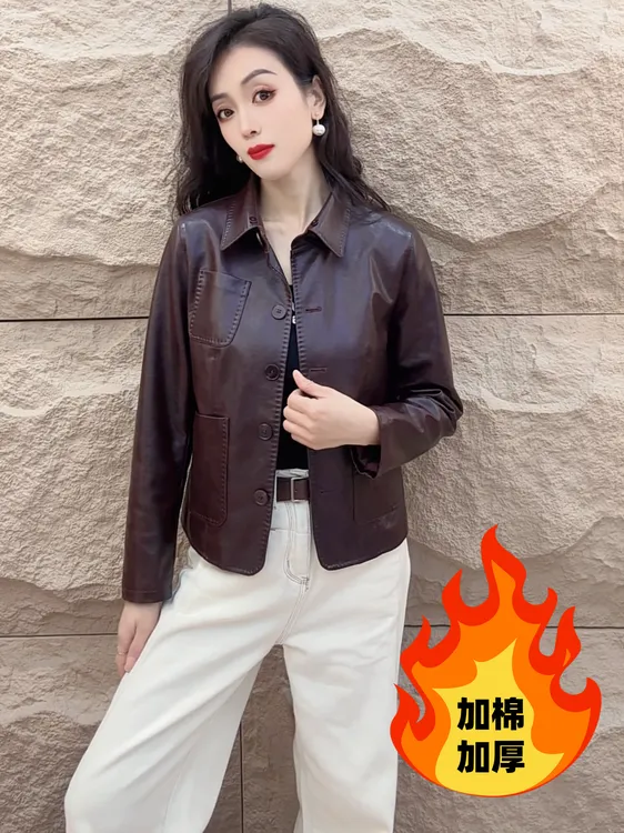 【加棉保暖】海宁正品2024冬季新款时尚休闲保暖过冬皮衣外套女