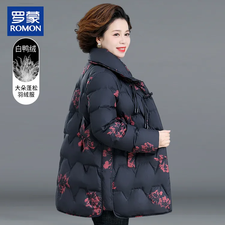 罗蒙妈妈冬装时尚羽绒服中长款气质中老年女装印花白鸭绒翻领外套