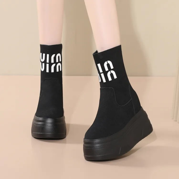 秋季新款时尚短靴英伦风靴子厚底百搭休闲高帮鞋10厘米12厘米女鞋