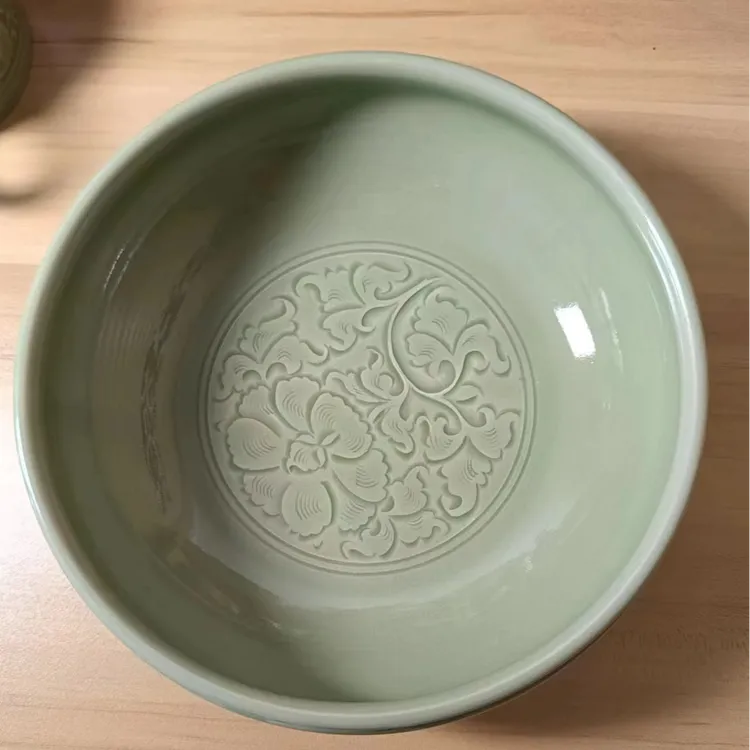 耀州窑手工刻花牡丹纹茶洗原矿原釉全手工刻花牡丹纹大碗水洗