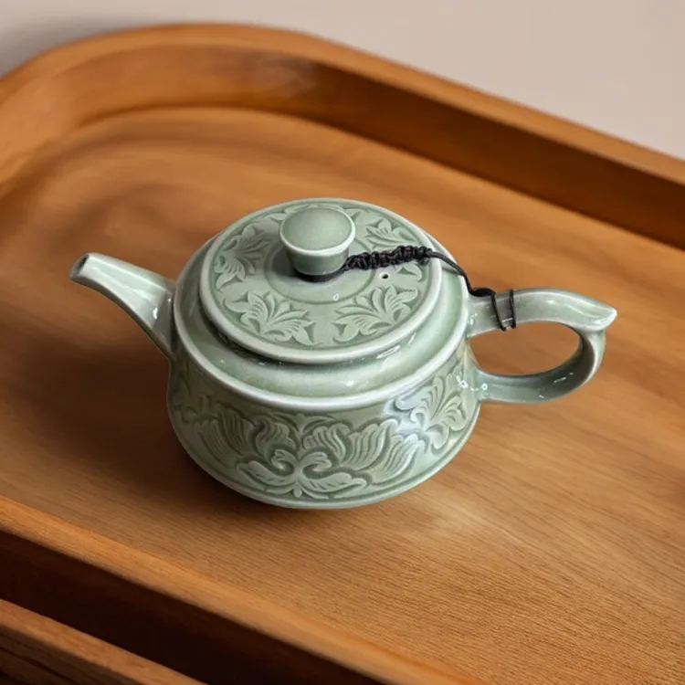 耀州窑高档复古手工刻花牡丹纹茶壶茶杯精美青瓷汉阙牡丹纹茶具