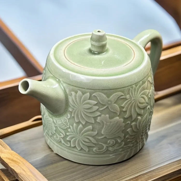 耀州窑原矿原釉高温烧制莲花纹汉峰壶复古青瓷功夫茶壶家用茶具
