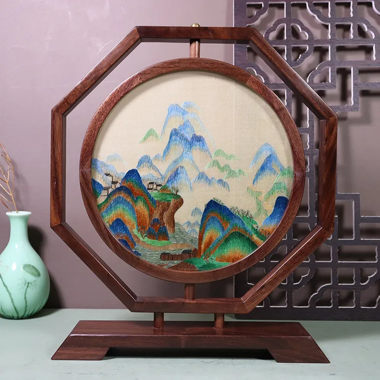 一涵鸿运当头山水八方来财手工双面绣胡桃木新中式书房办公室摆件