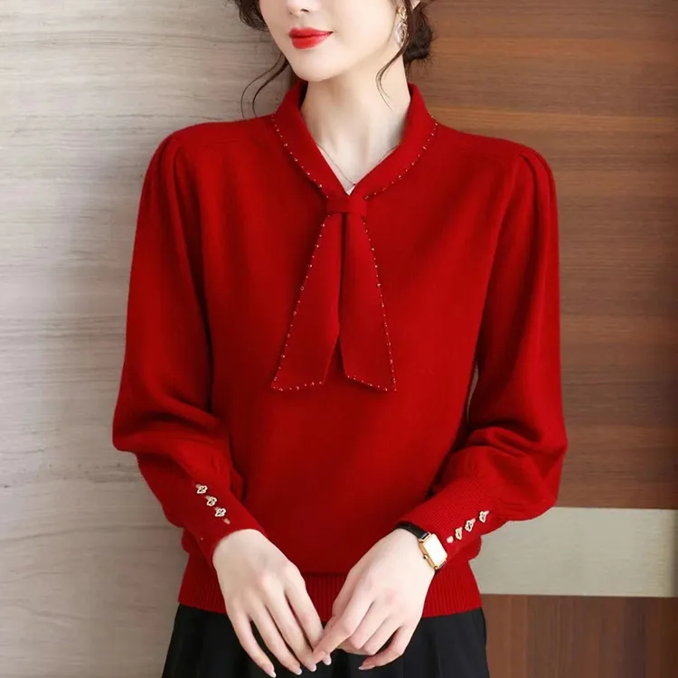 针织衫毛衣女秋冬新款妈妈V领套头2024年宽松短款打底灯笼袖上衣