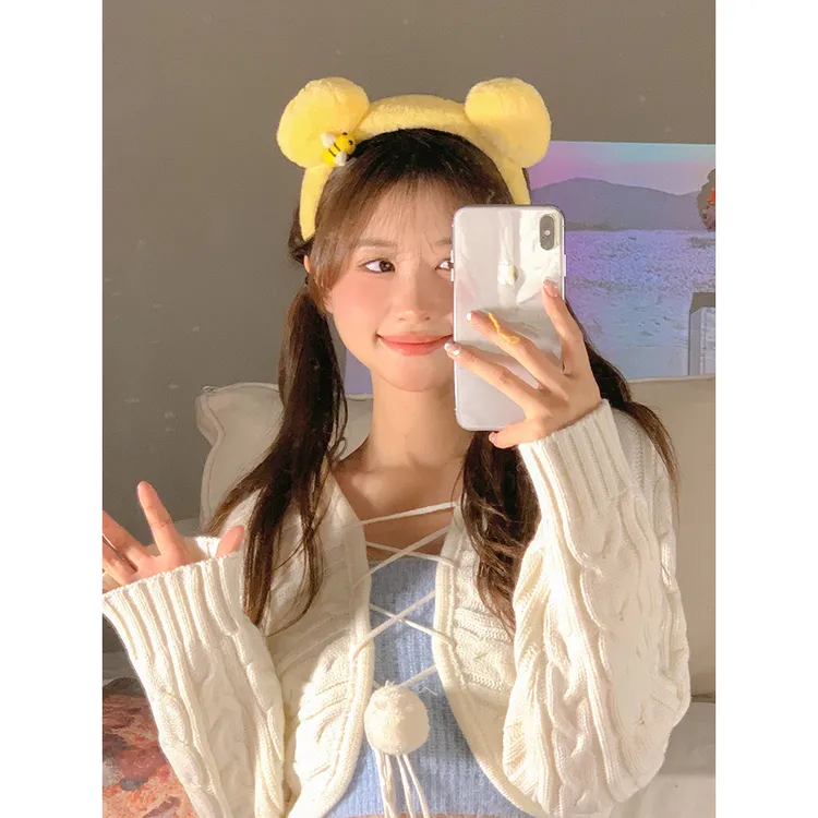 黄色熊耳朵毛绒发箍对夹可爱小蜜蜂洗脸头箍甜美网红新款发卡发捆